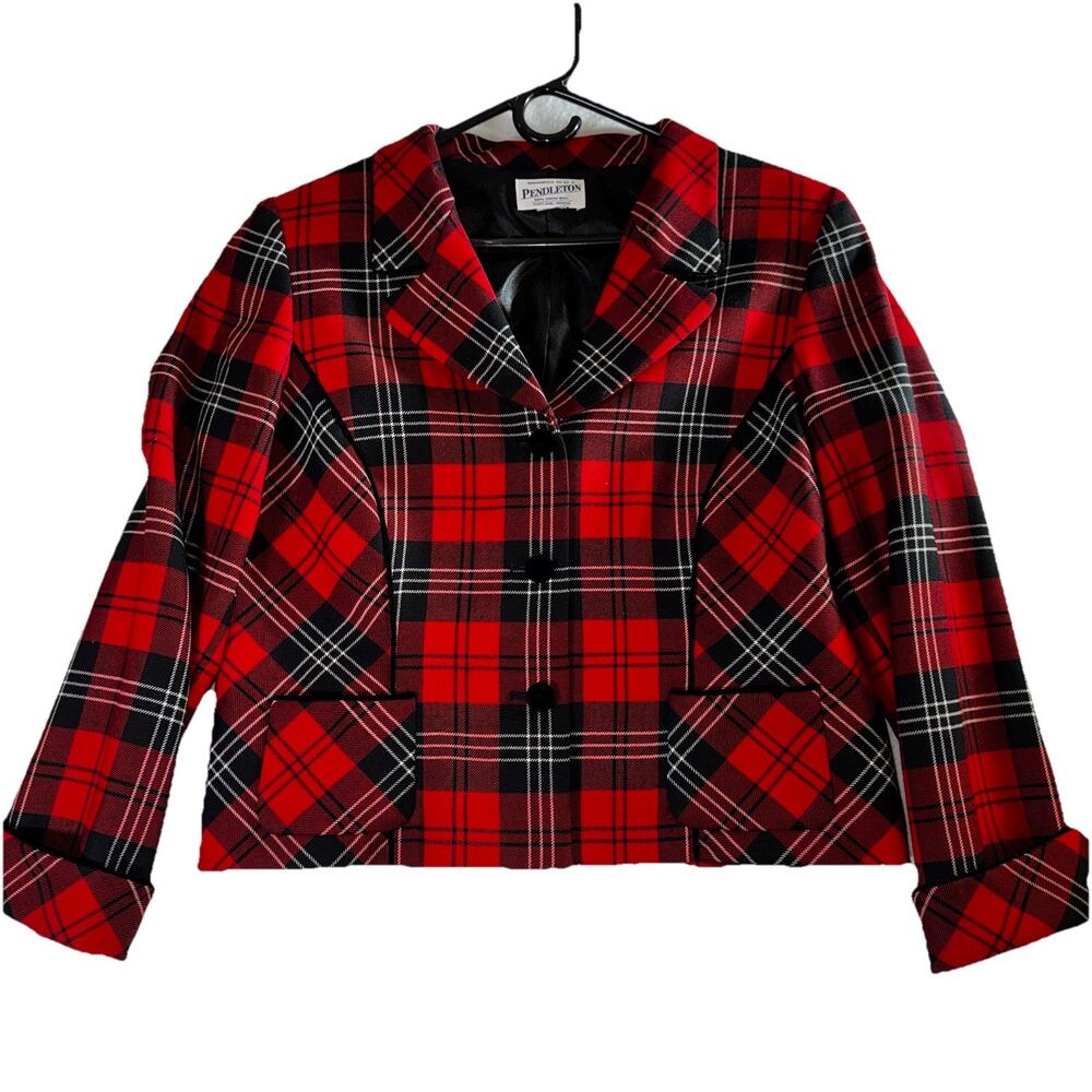 VTG Pendleton 100% Virgin Wool Blazer Jacket Womens 12 Red Black Tartan Plaid
